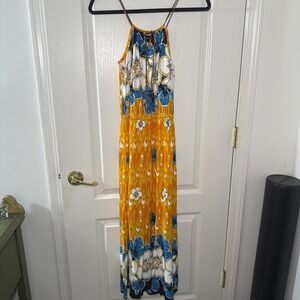 Jackpot Orange Blue Tropical Hibiscus Halter Maxi Dress Boho Vacation Sz S/M